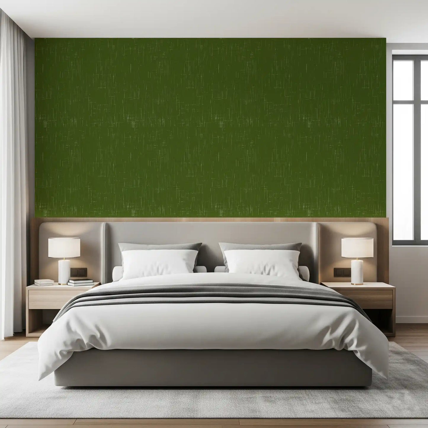 Intricate thread-like details covering a textured olive green wallpaper., GD9951