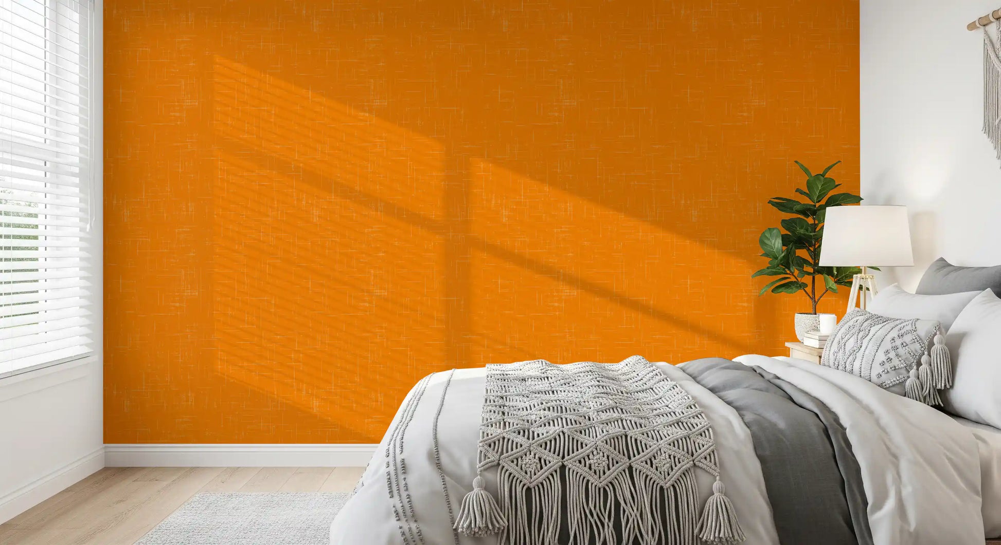 Modern linen texture wallpaper enhance the atmosphere of bedroom.
