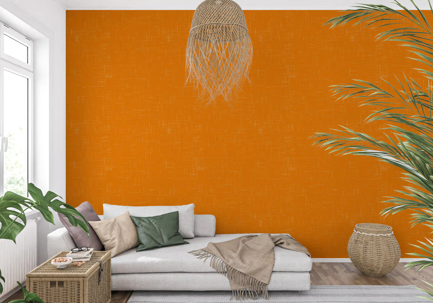 Orange Mid Century Modern Wallpaper fills a bright and welcoming lounge area