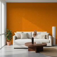Vibrant orange wallpaper brings a playful energy to this bright living room.