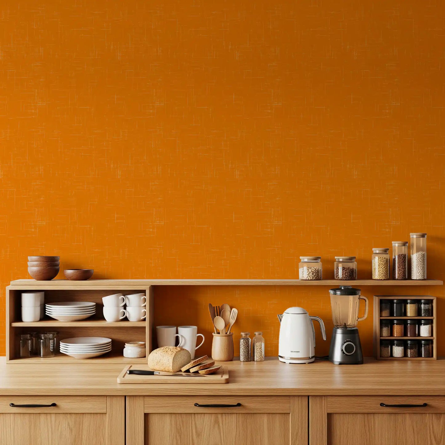 Tactile weave effect of the vibrant orange wallpaper surface in high detail