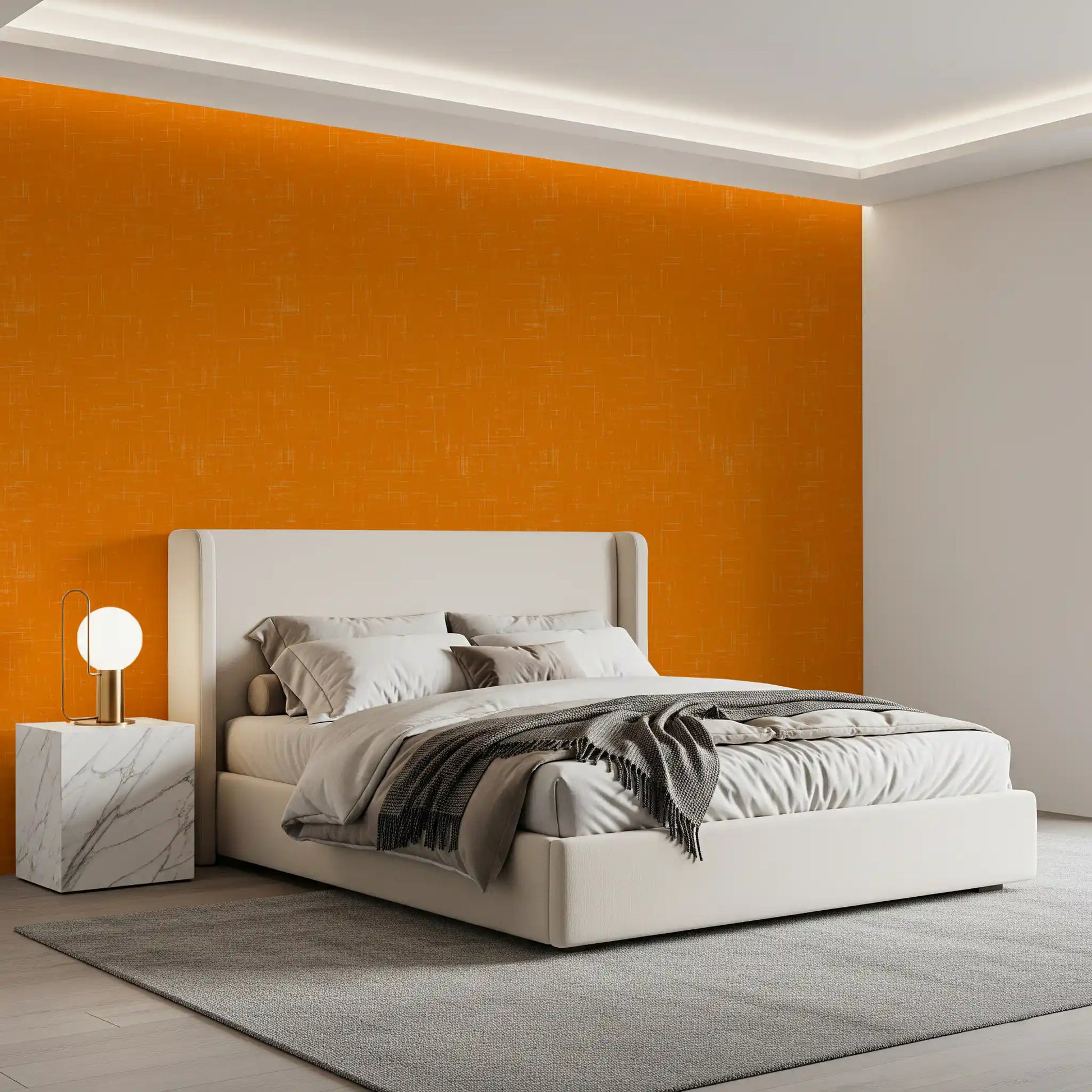 Warm linen texture wallpaper provides a cozy backdrop for a modern bedroom.