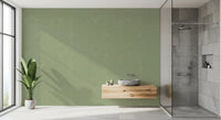 Fine intersecting lines give the mid-century green wallpaper a fabric look.