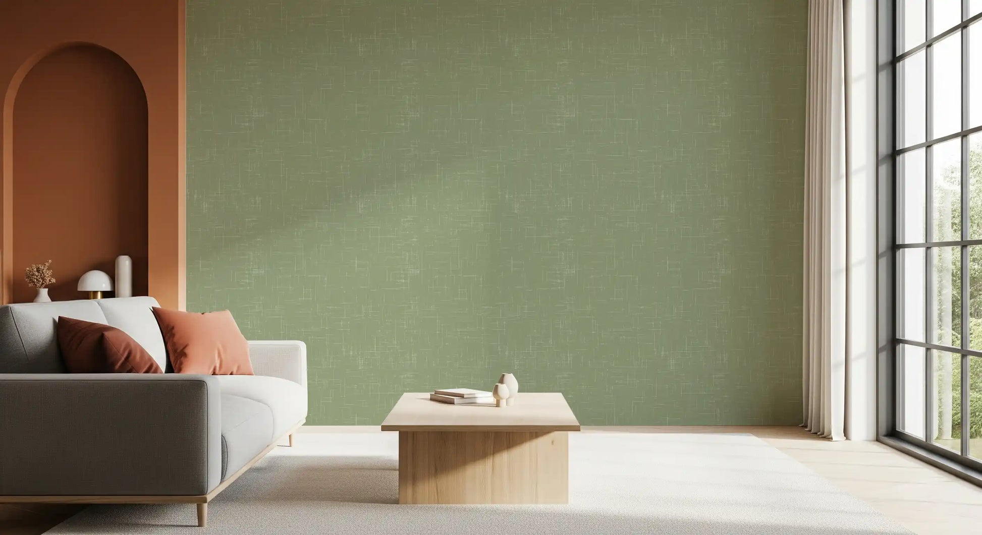 Living room feels welcoming with this mid-century linen texture wallpaper.