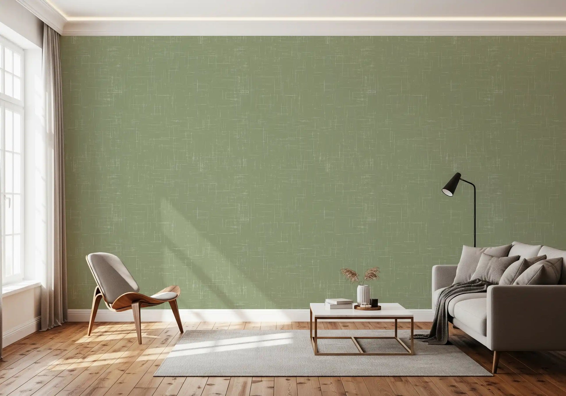 Earthy green tones form the foundation of this classic linen texture wallpaper.