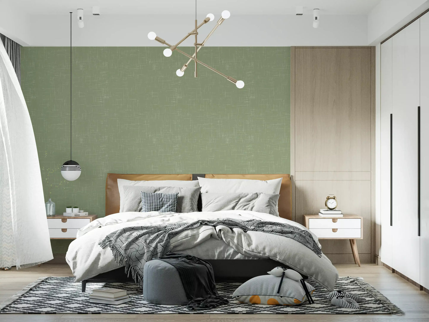 A mid-century modern wallpaper provides a gentle backdrop in bedroom.