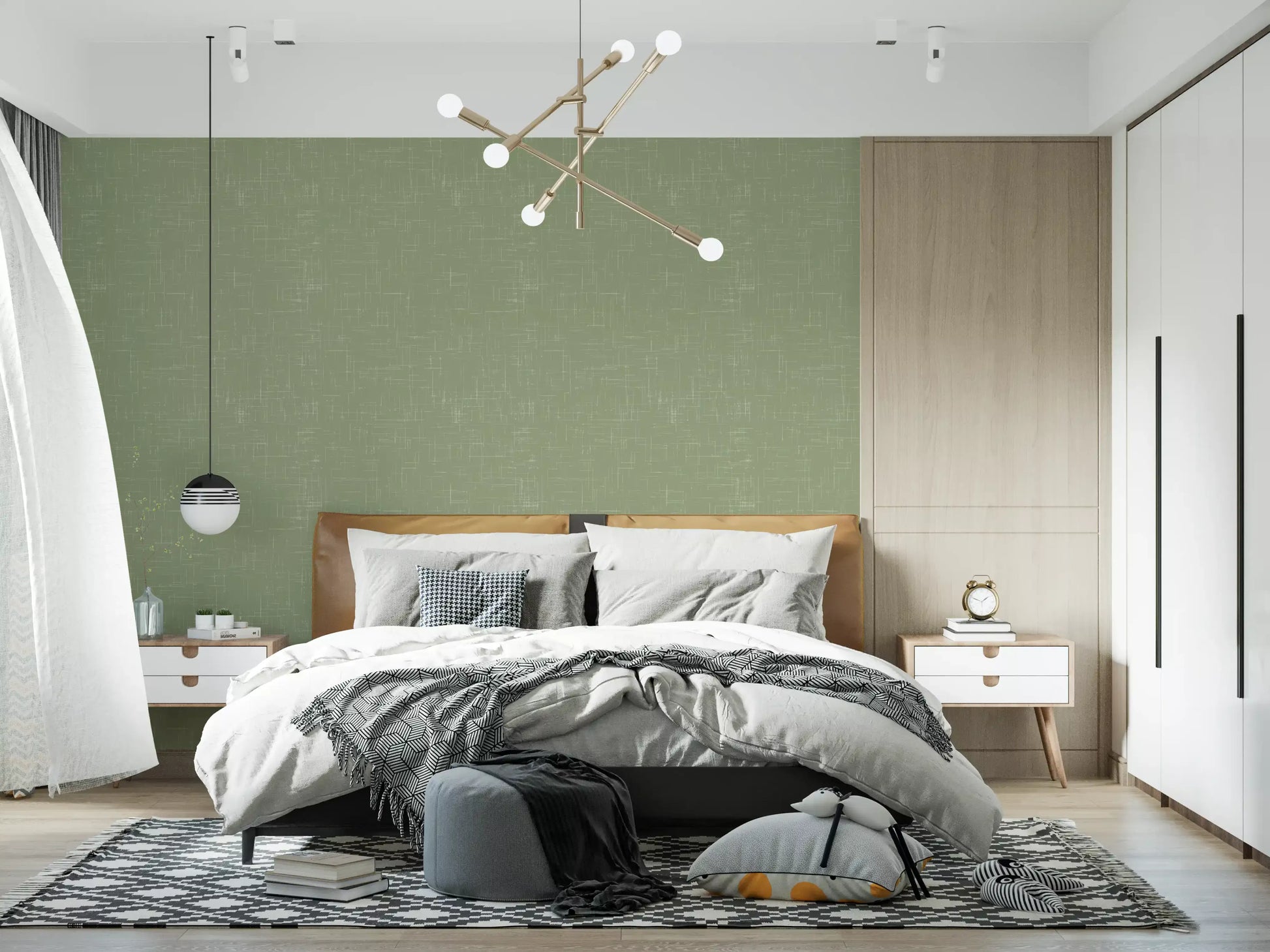 A mid-century modern wallpaper provides a gentle backdrop in bedroom.
