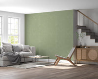 Living room walls feature the calming sage green linen texture wallpaper.