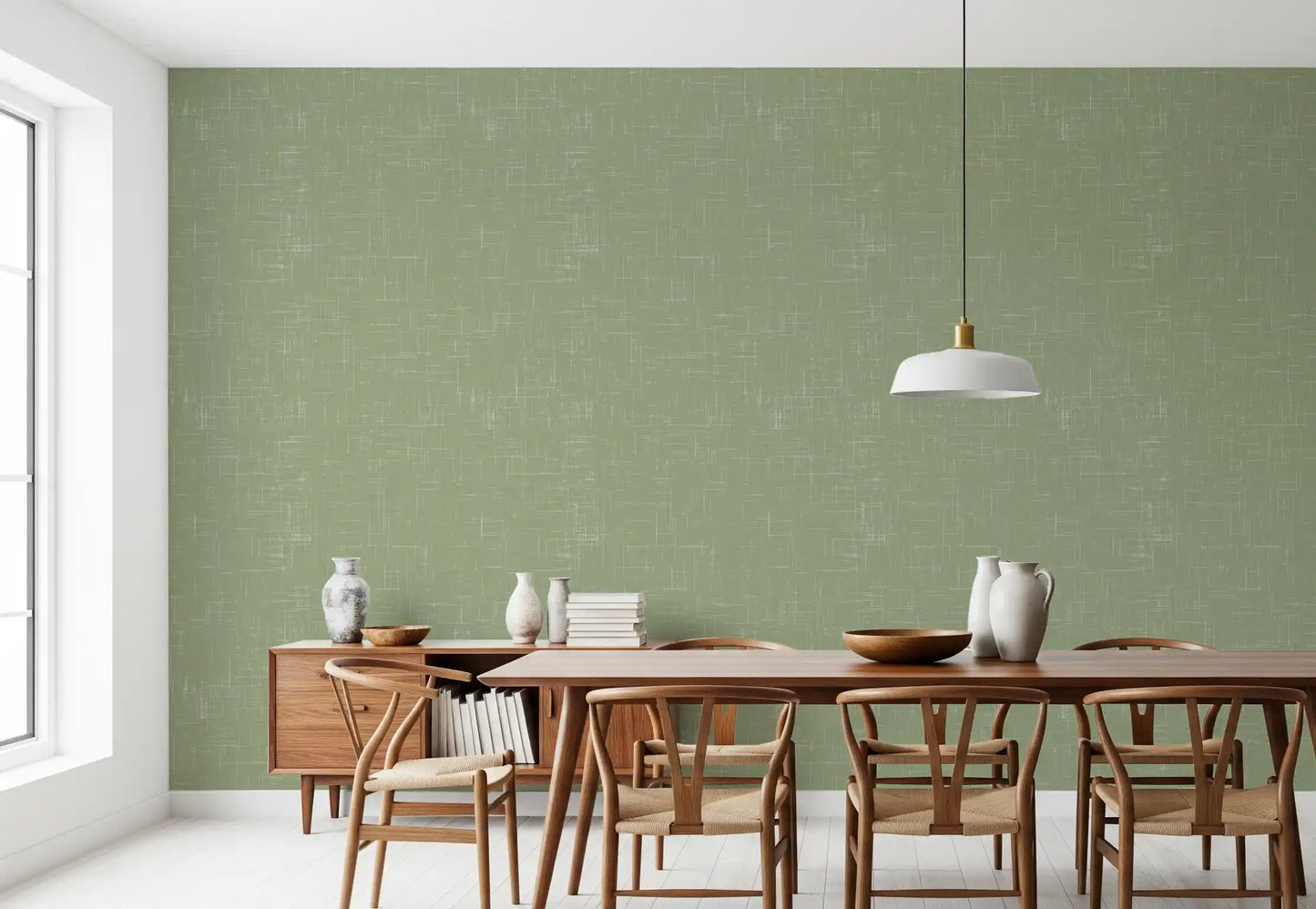 Dining room walls feel balanced using this subtle green linen texture wallpaper