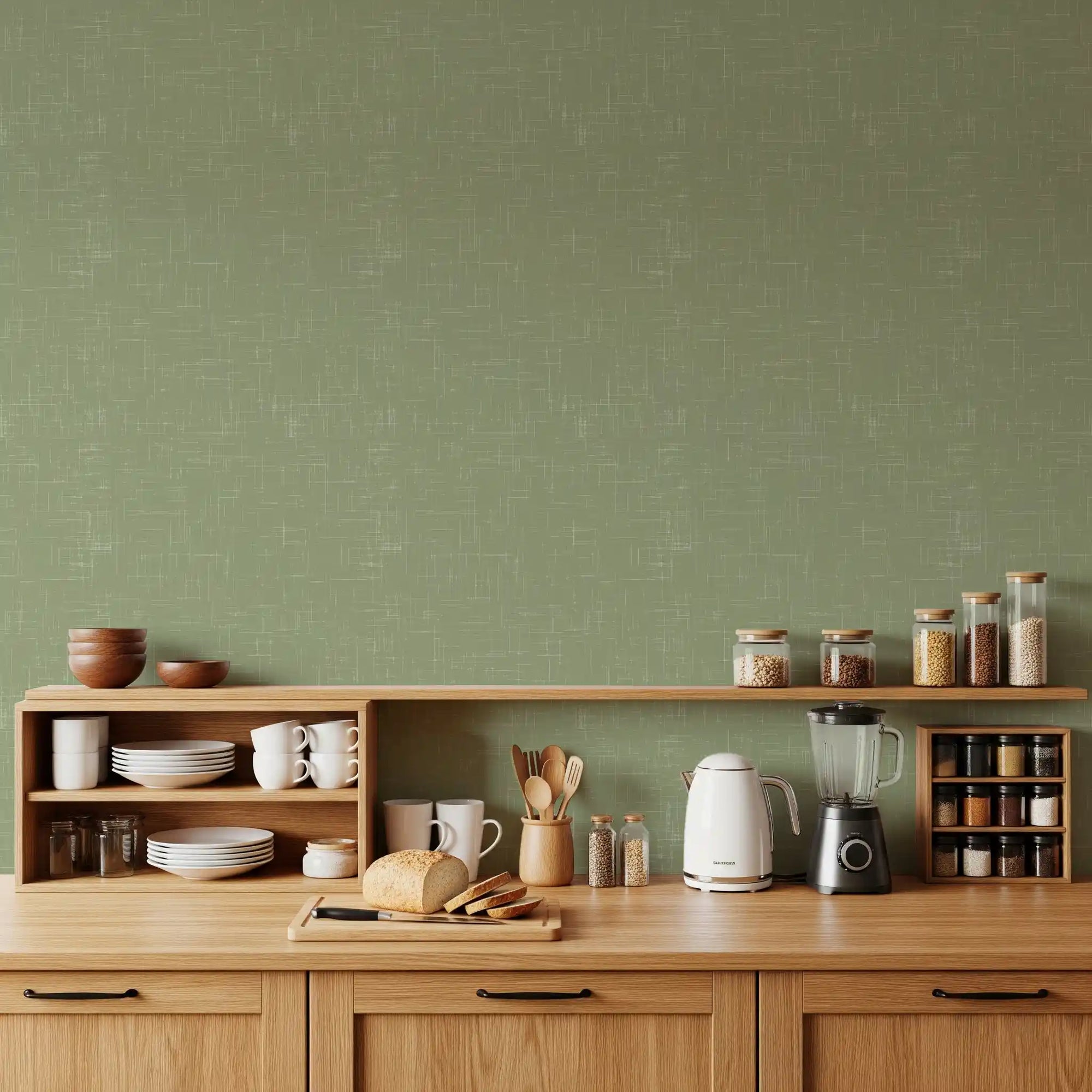 Textured sage green wallpaper lines the walls of this naturally lit kitchen., GD9953