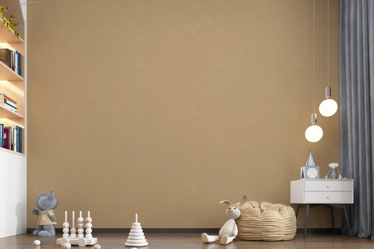Neutral linen wallpaper complements the aesthetic of a modern nursery., GD9954