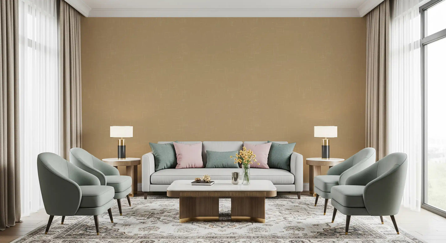 Taupe linen texture wallpaper adds a soft backdrop to the living room area., GD9954