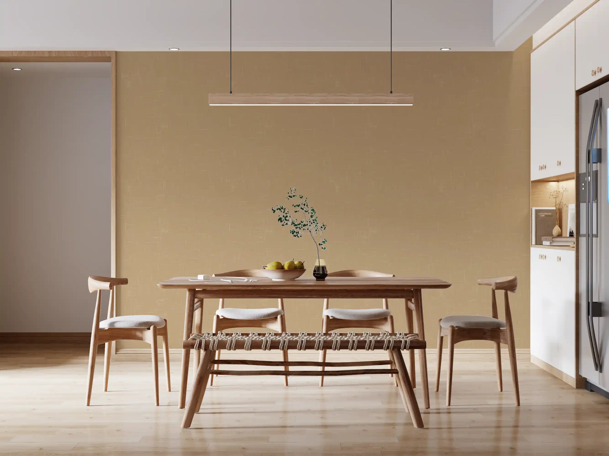 Soft tan and cream tones within the textured wallpaper structure., GD9954