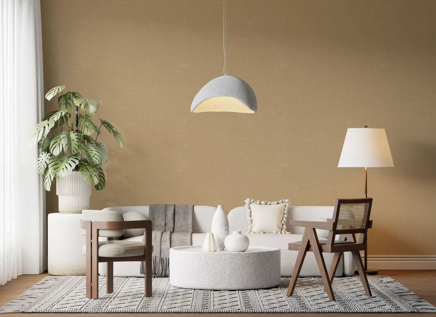 Sophisticated taupe wallpaper lines the walls of a bright hallway., GD9954