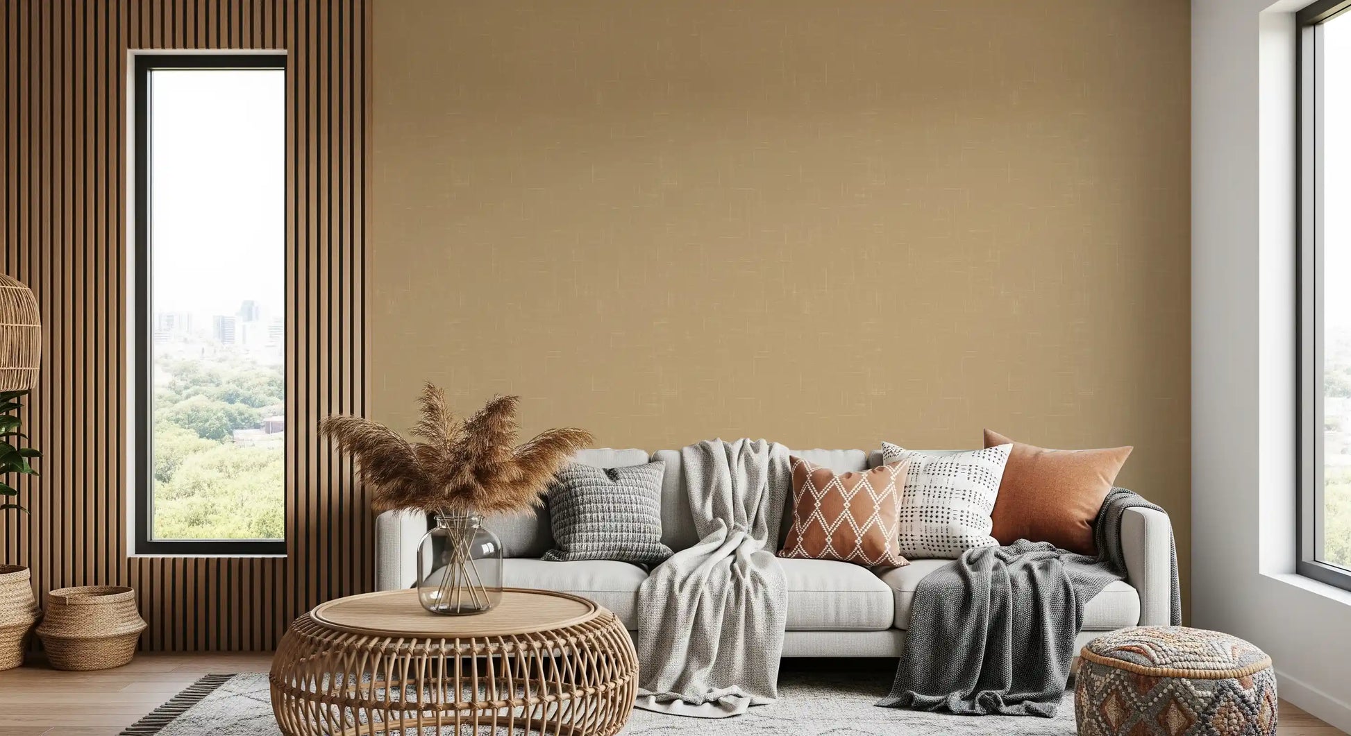 Subtle modern texture wallpaper defines the walls of a cozy lounge., GD9954