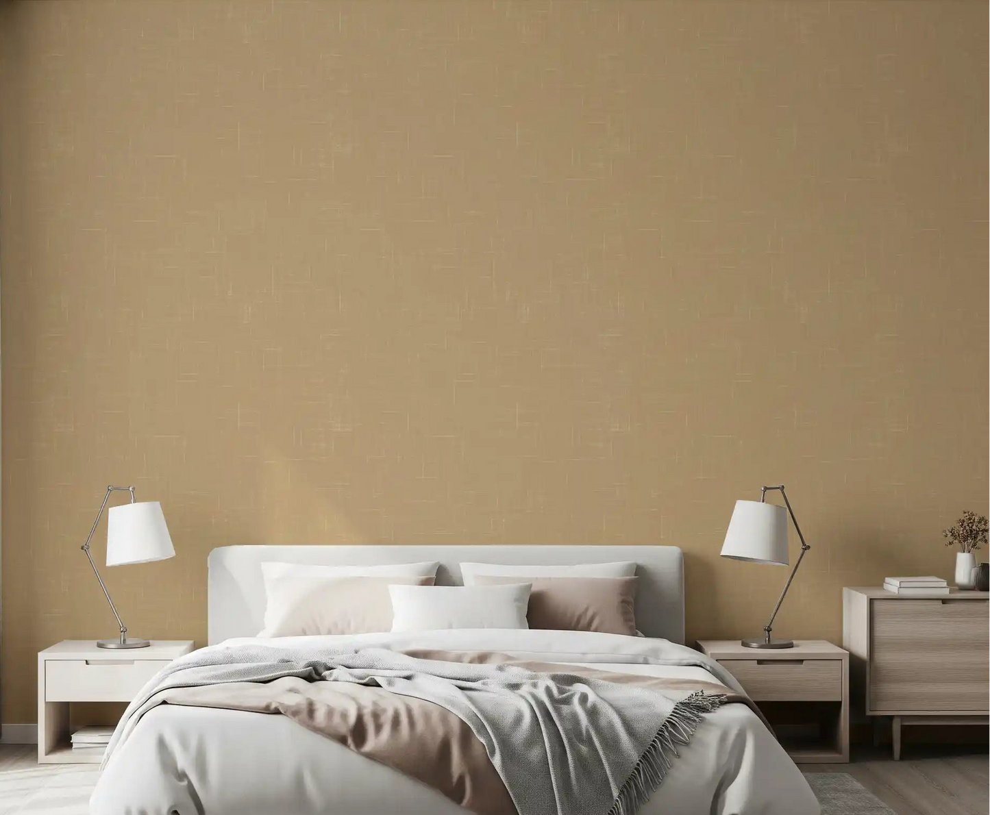 Taupe linen wallpaper enhances the visual interest of a minimalist bedroom., GD9954