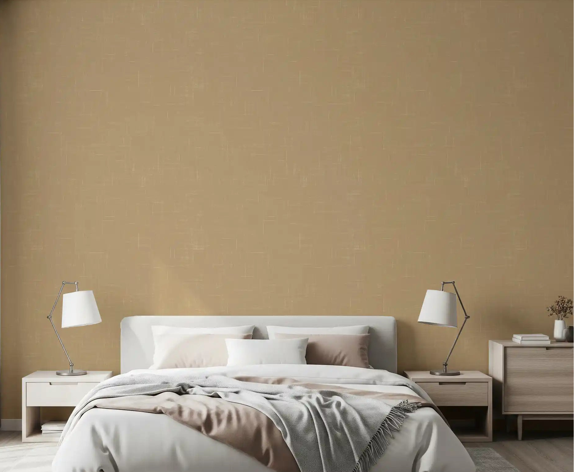 Taupe linen wallpaper enhances the visual interest of a minimalist bedroom., GD9954