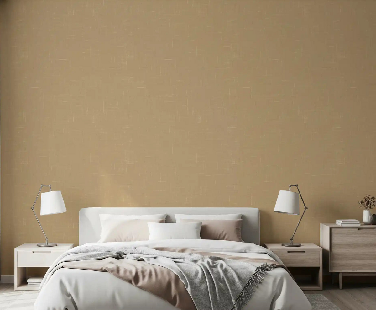 Taupe linen wallpaper enhances the visual interest of a minimalist bedroom., GD9954