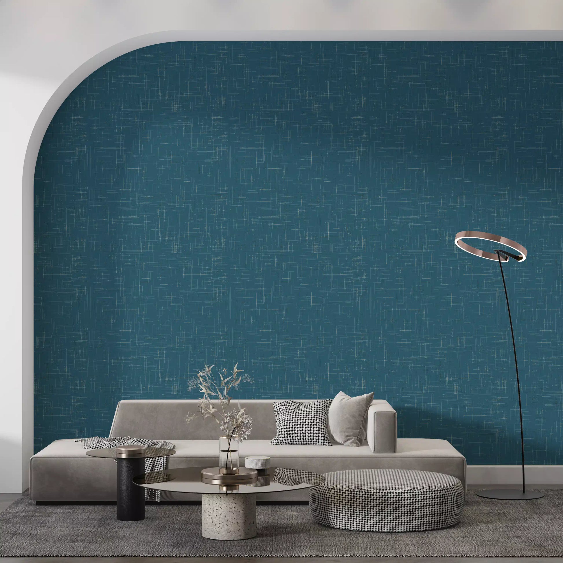 Living room showcasing a Teal Linen Texture Mid Century Modern Wallpaper., GD9955