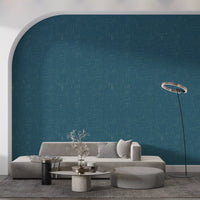 Living room showcasing a Teal Linen Texture Mid Century Modern Wallpaper., GD9955