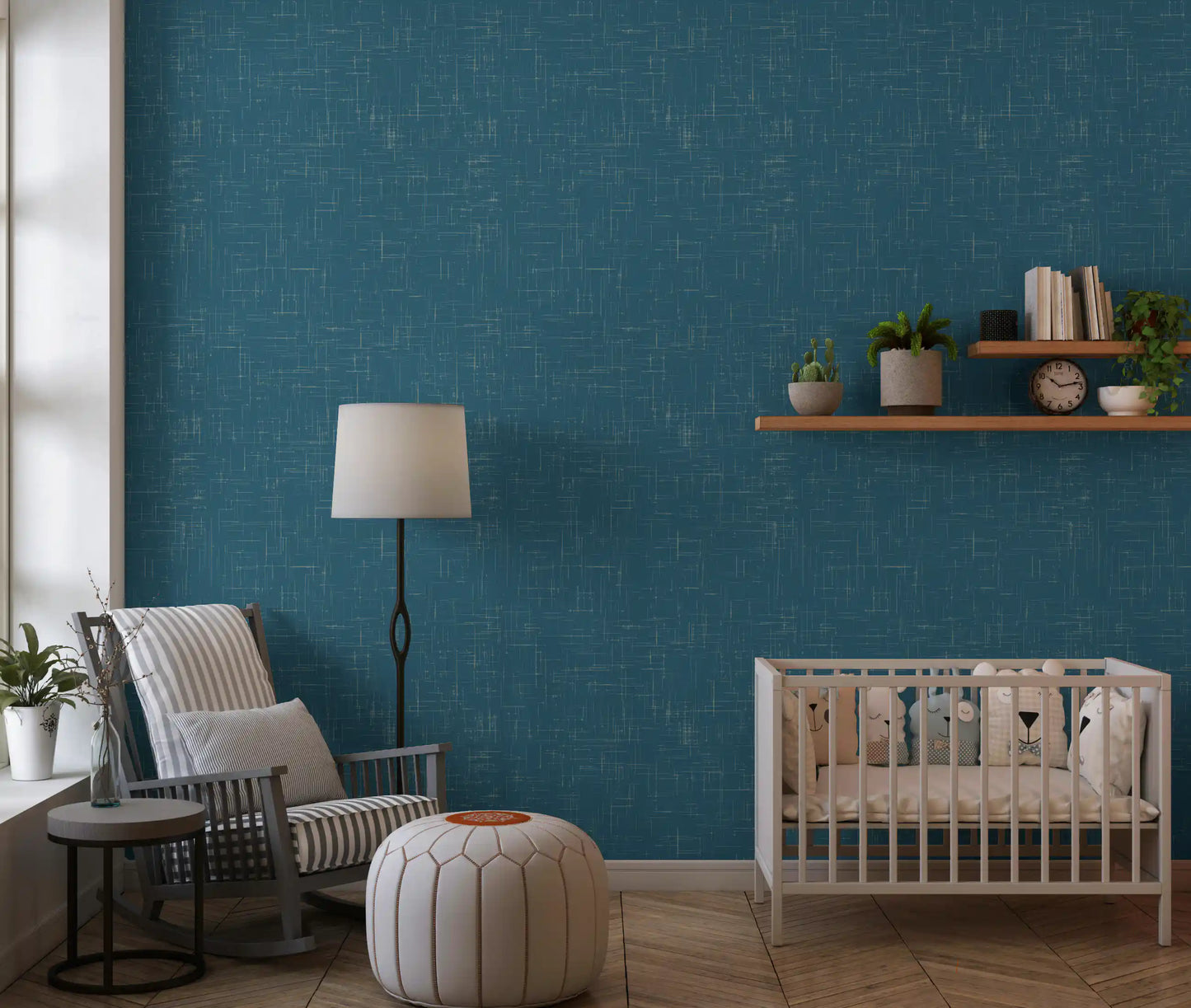 Minimalist linear details on Teal Linen Texture Modern Wallpaper., GD9955