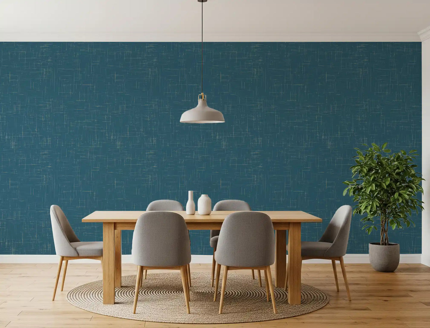 Dining room surfaces covered with Teal Linen Mid Century Modern Wallpaper., GD9955
