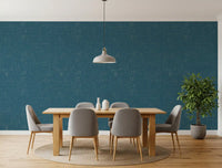 Dining room surfaces covered with Teal Linen Mid Century Modern Wallpaper., GD9955