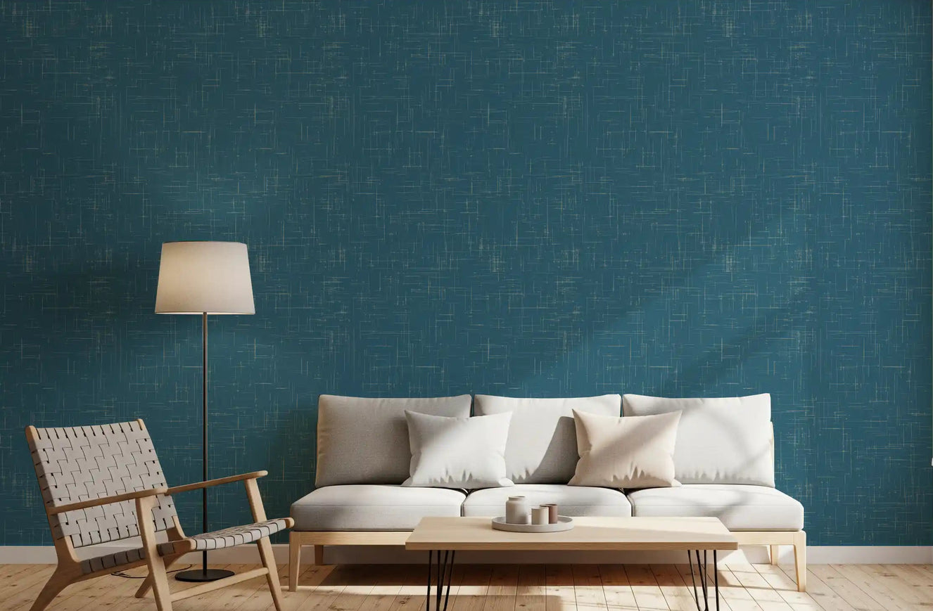Living room featuring Teal Linen Texture Wallpaper in a vintage style.