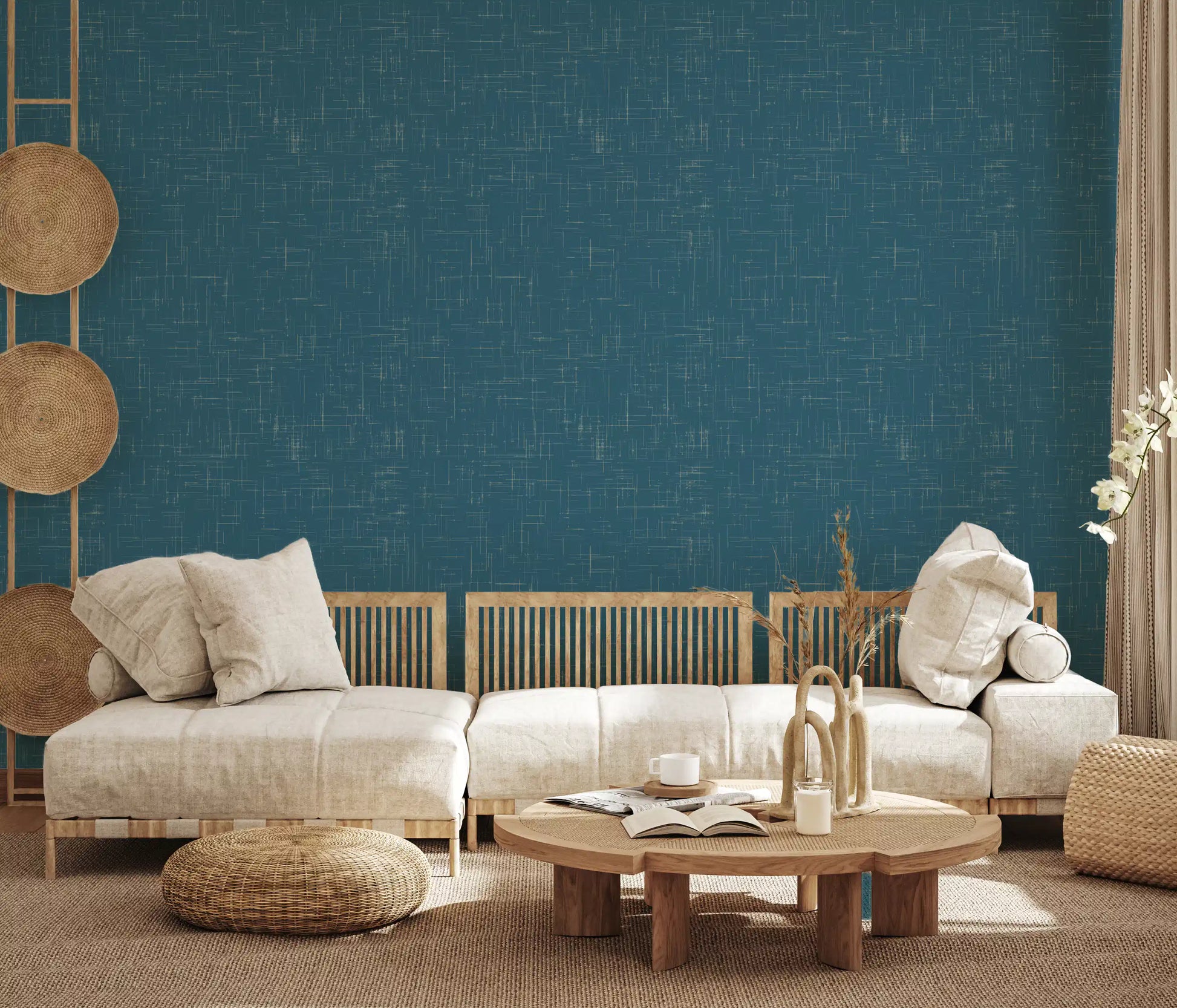 Hallway accented by a Teal Linen Texture Mid Century Modern Wallpaper., GD9955