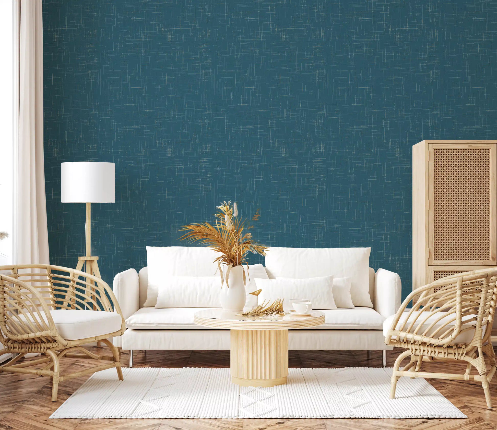 Vertical and horizontal lines on Teal Linen Texture Modern Wallpaper., GD9955