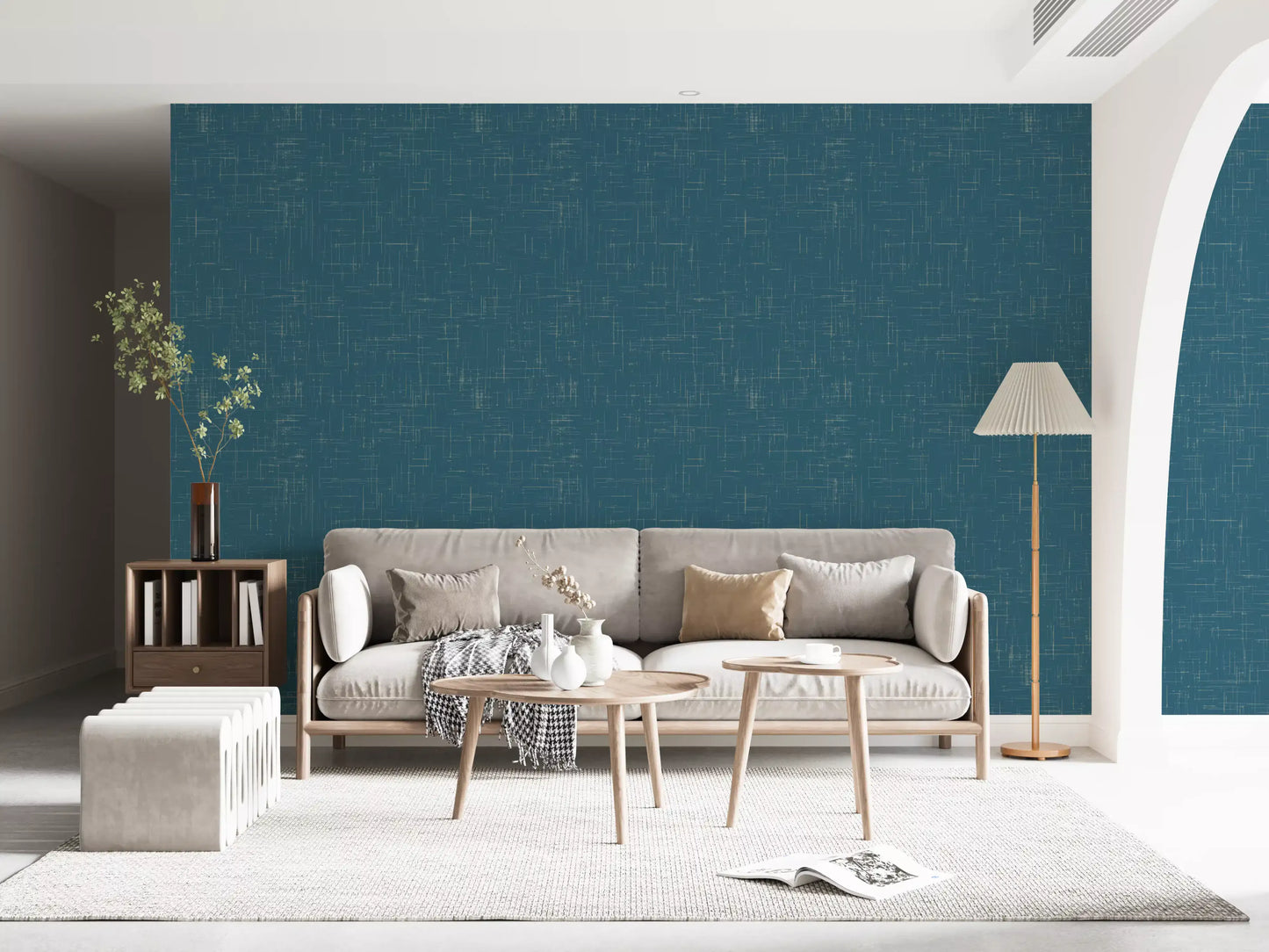 Detailed crosshatch pattern on Teal Linen Mid Century Modern Wallpaper., GD9955
