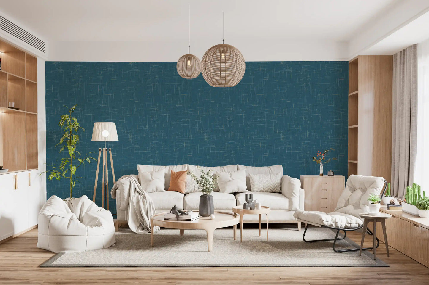 Lounge area with the Teal Linen Texture Mid Century Modern Wallpaper., GD9955