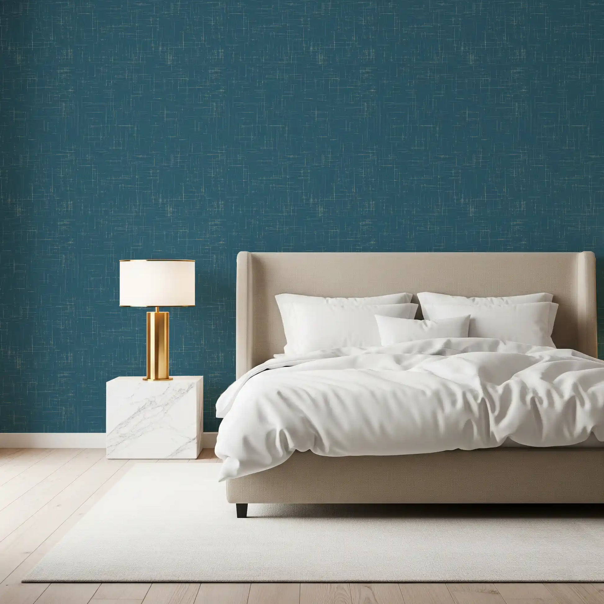 Bedroom installation of this Teal Linen Texture Modern Wall Mural., GD9955