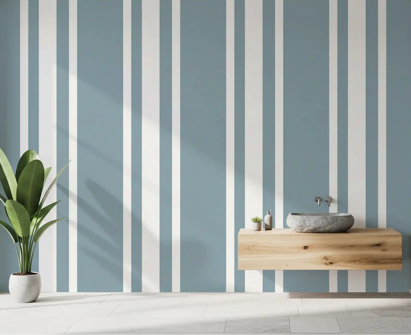 Blue and white ticking stripe wallpaper for a clean bathroom.