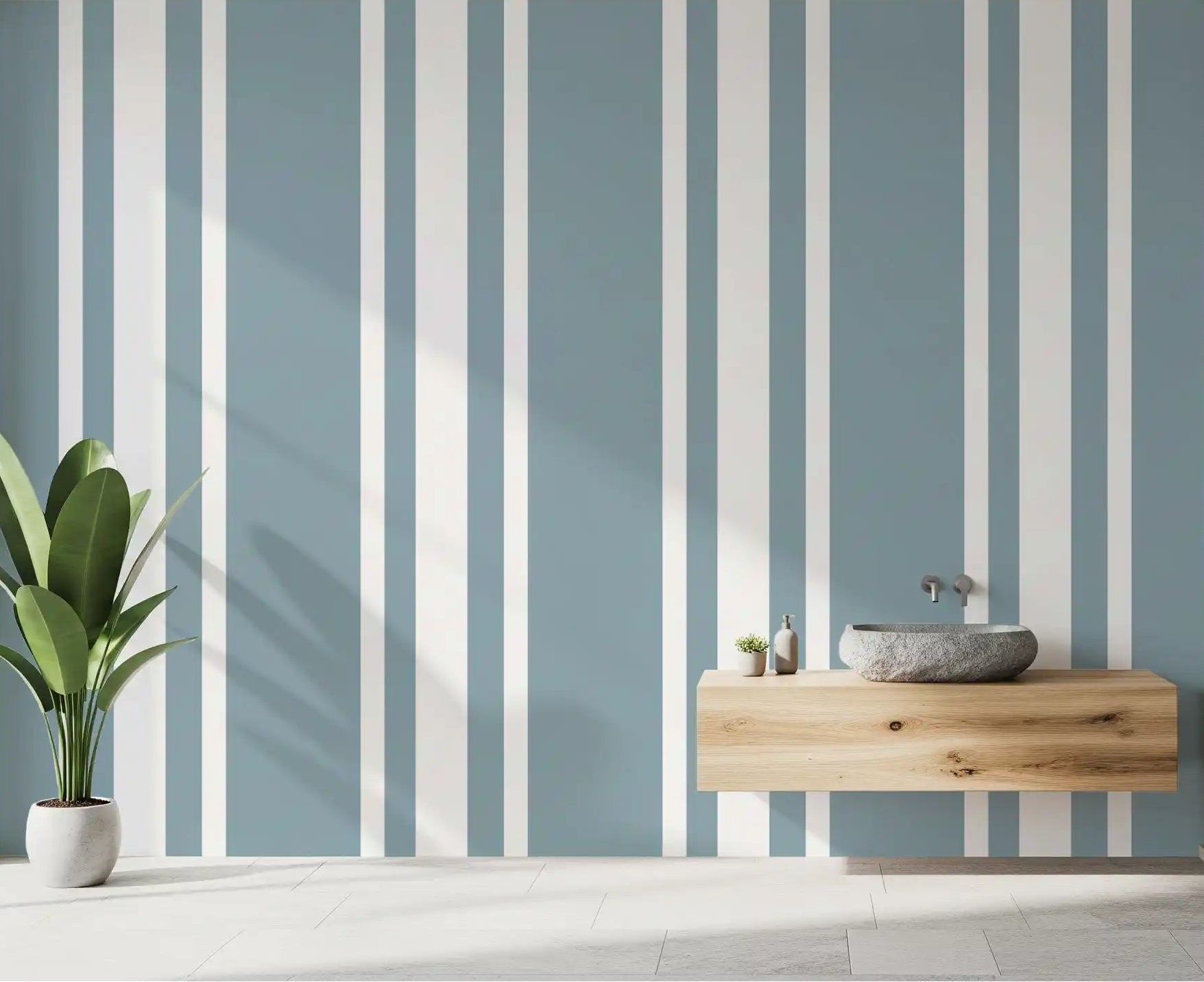 Blue and white ticking stripe wallpaper for a clean bathroom., GD9956