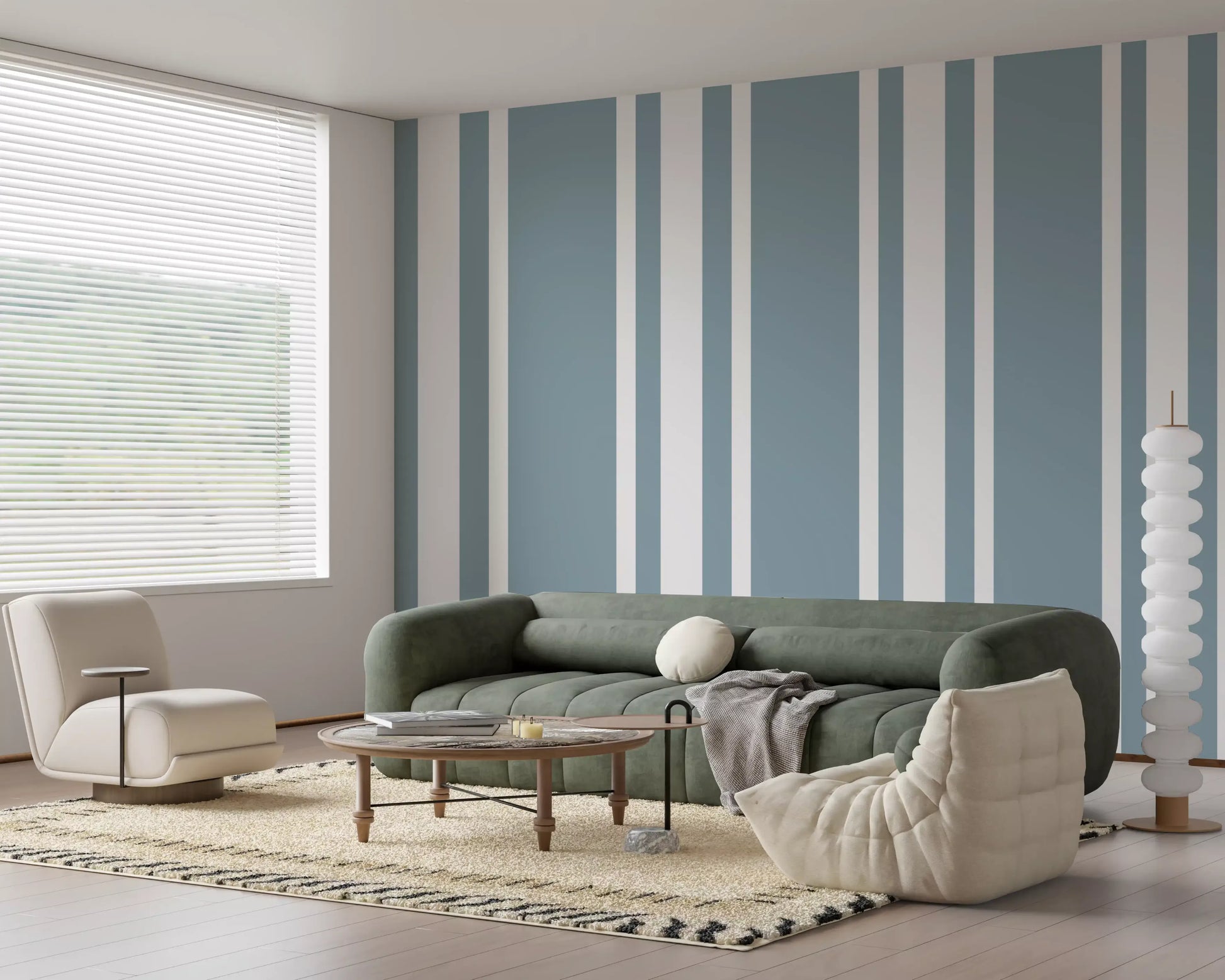 Vertical striped wallpaper with muted blue and white tones., GD9956