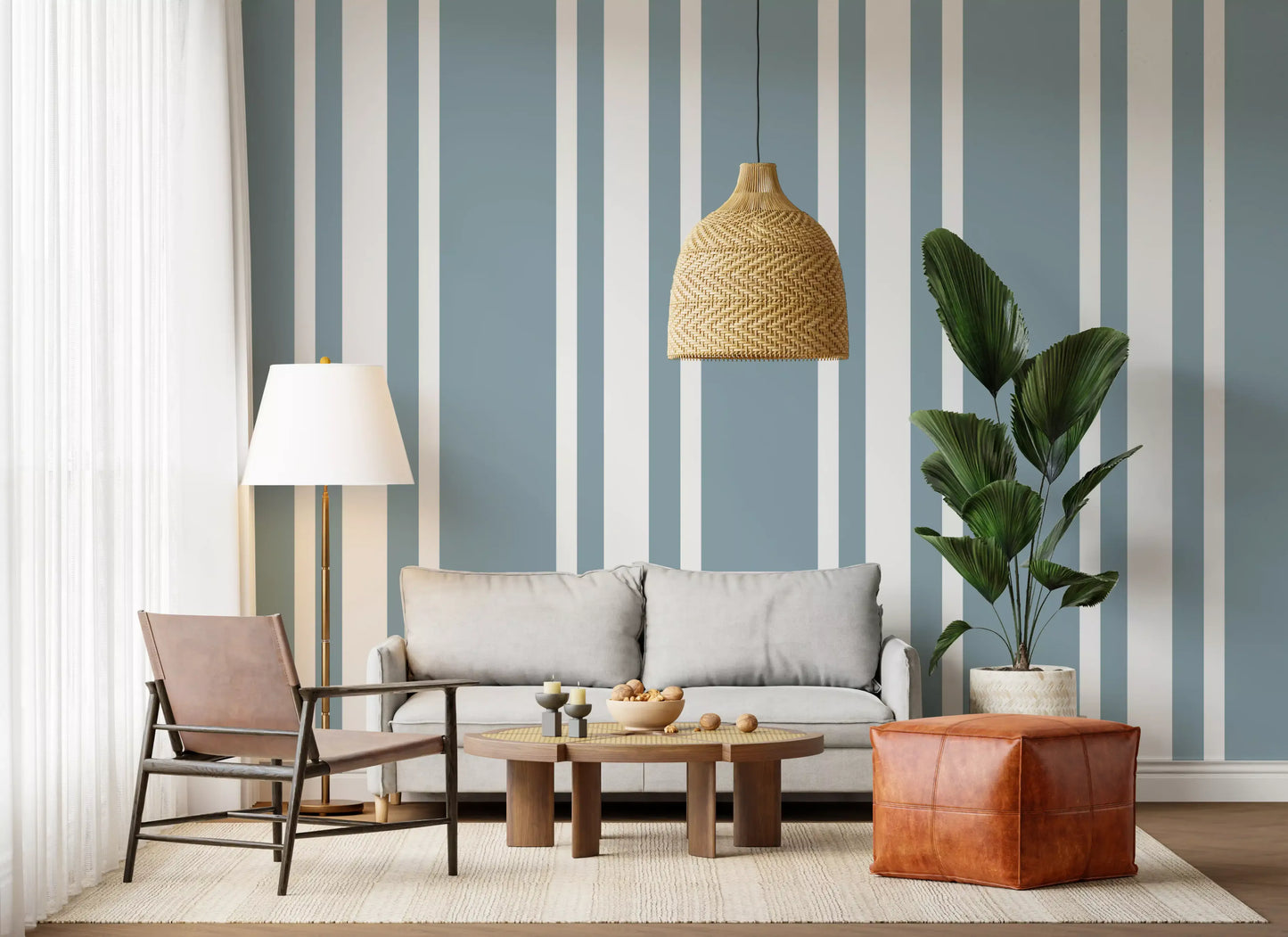 Farmhouse wallpaper lines installed inside a bright living room., GD9956