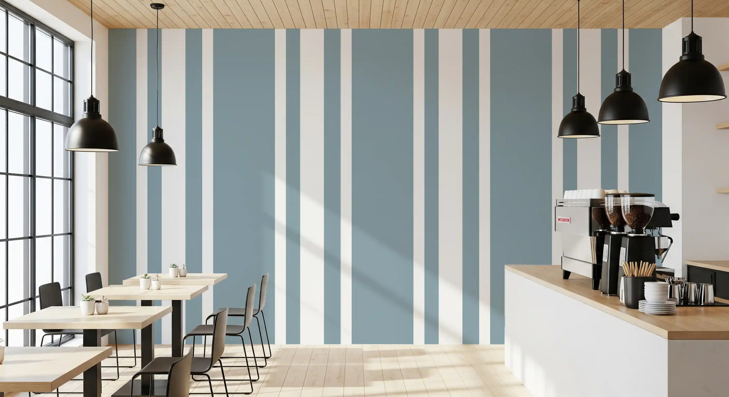 Calm farmhouse wallpaper stripes inside a quiet cafe area., GD9956