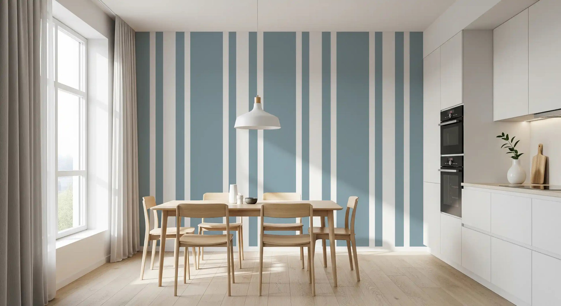 Traditional ticking stripe wallpaper used in a sunny dining room., GD9956