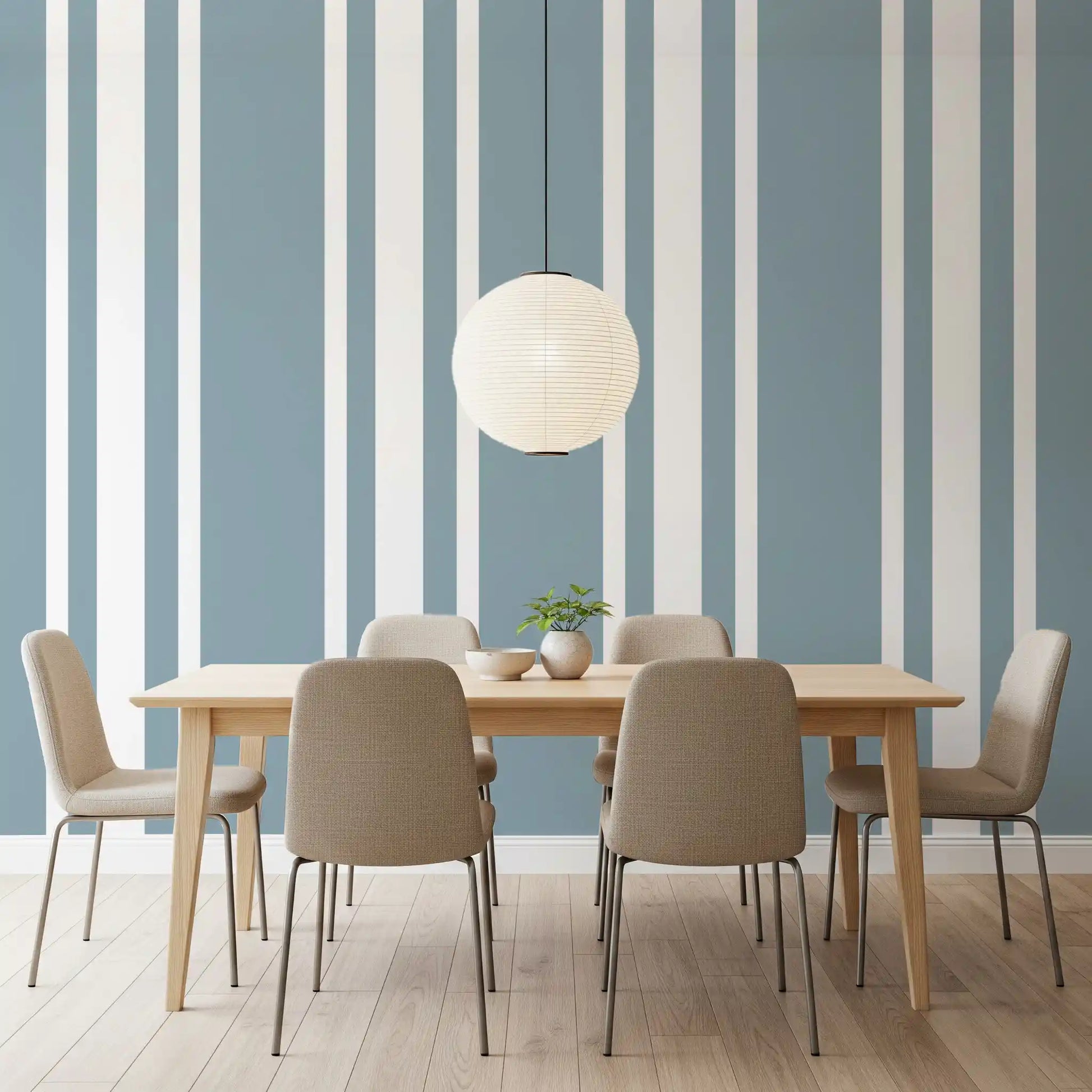 Vertical blue grey ticking stripe wallpaper in a modern dining room., GD9956