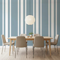 Vertical blue grey ticking stripe wallpaper in a modern dining room., GD9956