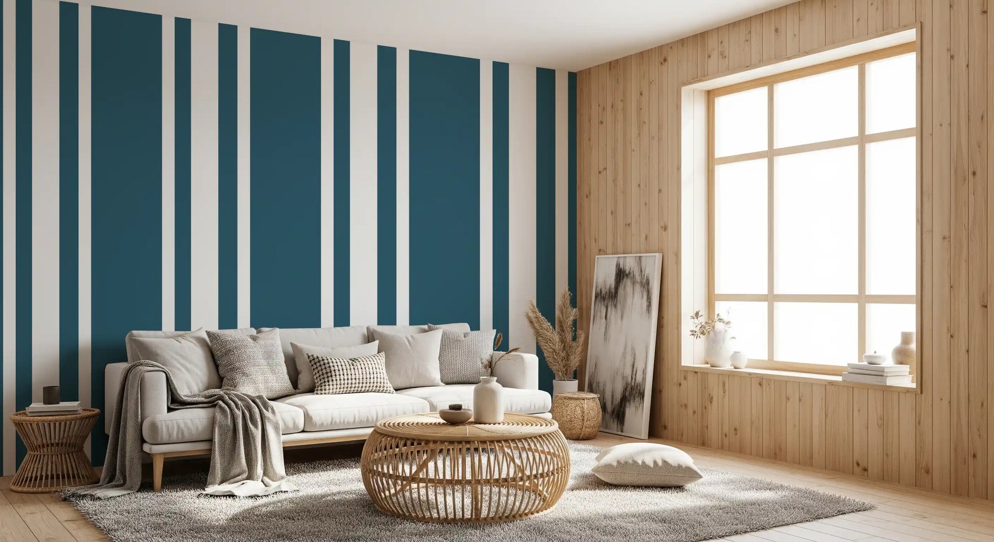 Soft Blue Ticking Stripe wall mural in a bright living room., GD9957