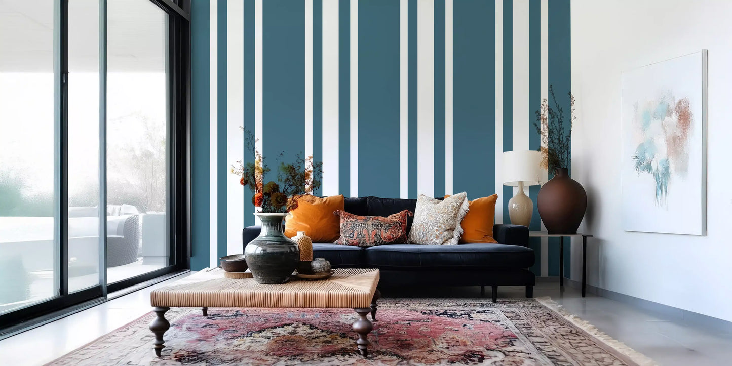 Blue Ticking Stripe Coastal Wallpaper in a modern living room., GD9957