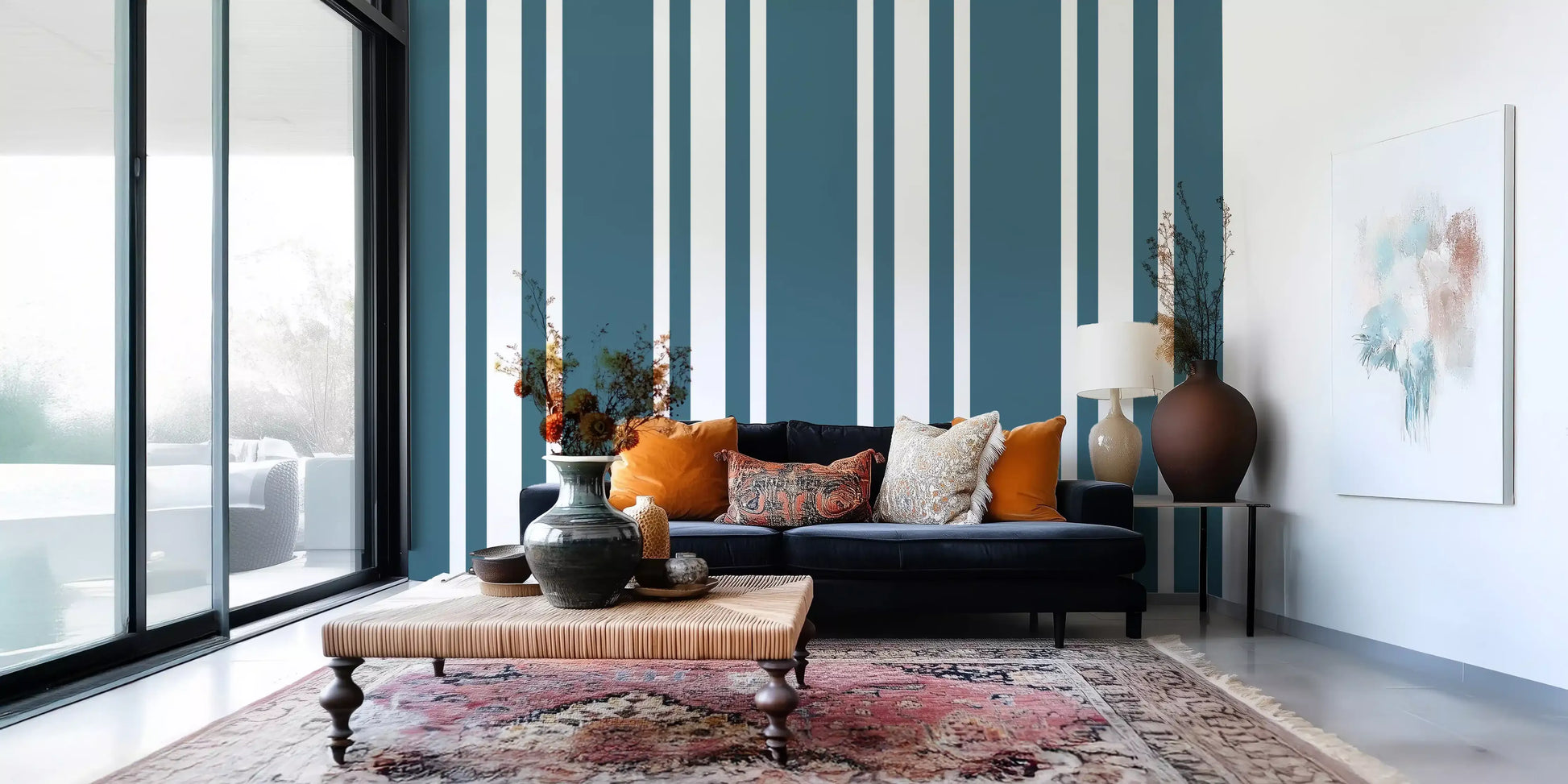 Blue Ticking Stripe Coastal Wallpaper in a modern living room., GD9957