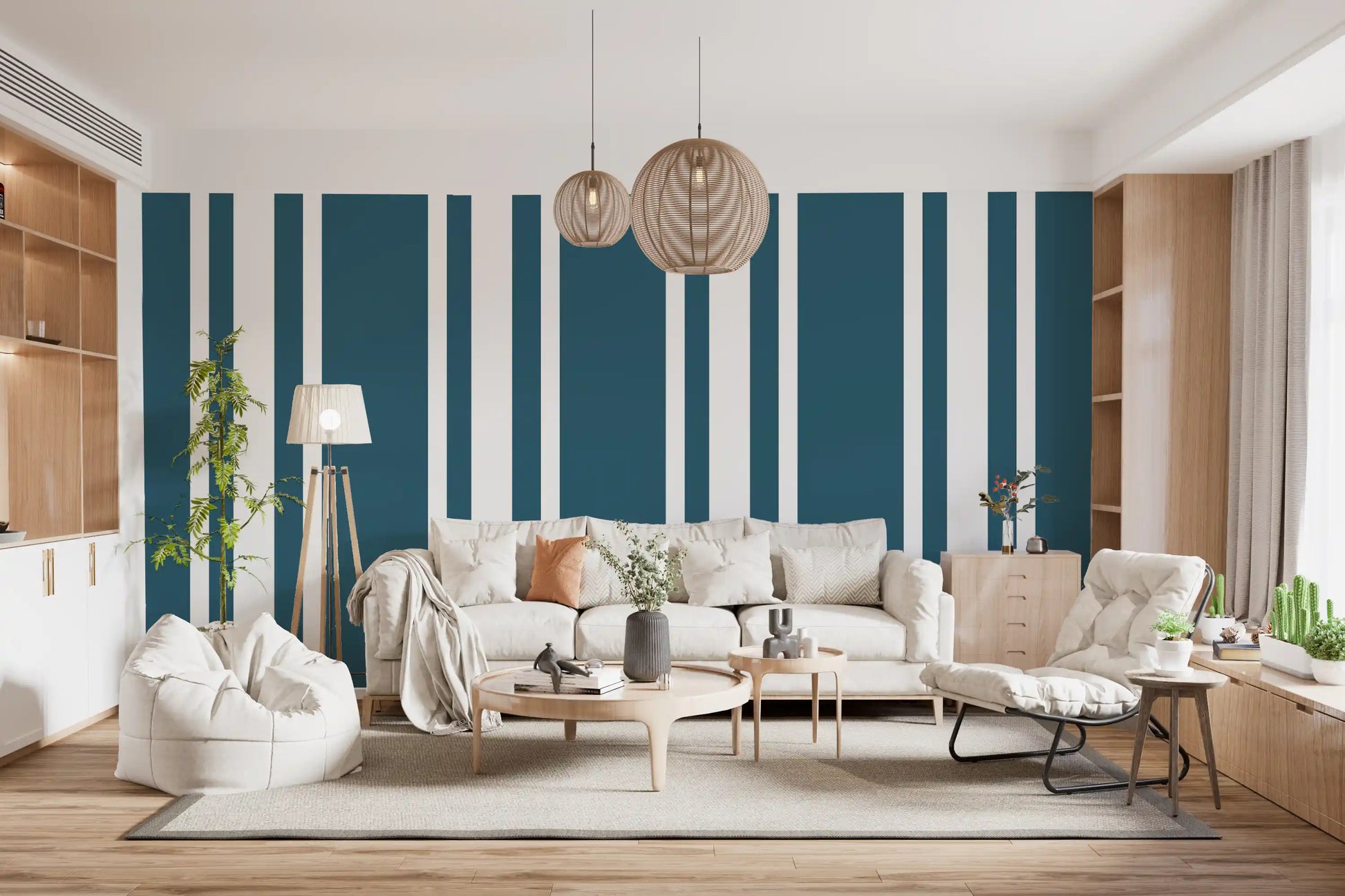 Calm living room with Blue Ticking Stripe Coastal Wallpaper., GD9957