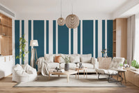 Calm living room with Blue Ticking Stripe Coastal Wallpaper., GD9957