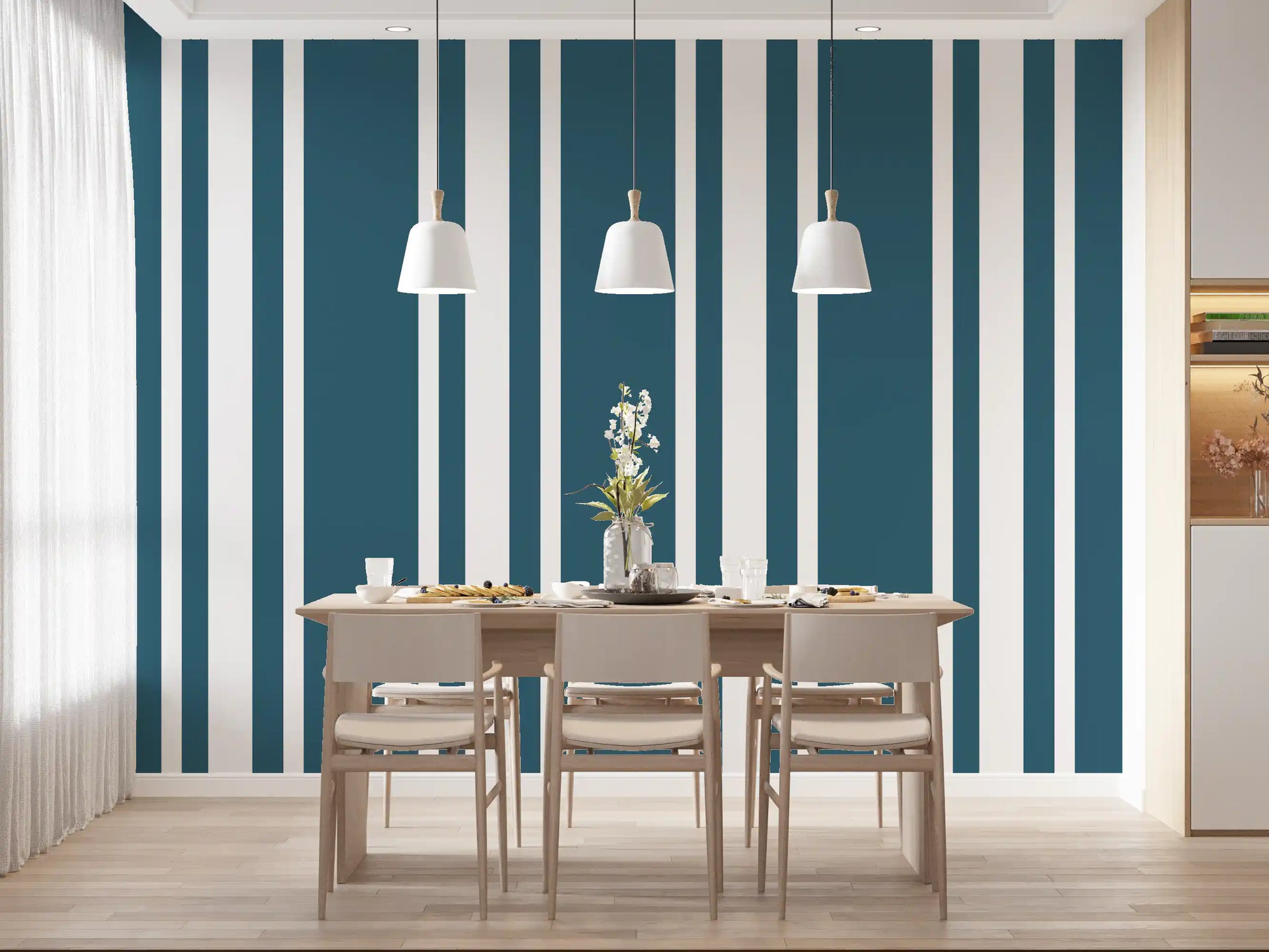 Minimalist dining room featuring Blue Ticking Stripe wallpaper., GD9957