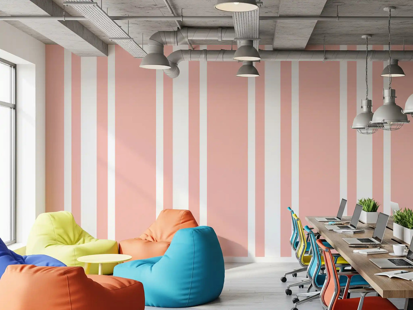The office feels warm with this farmhouse pink stripe wallpaper., GD9958