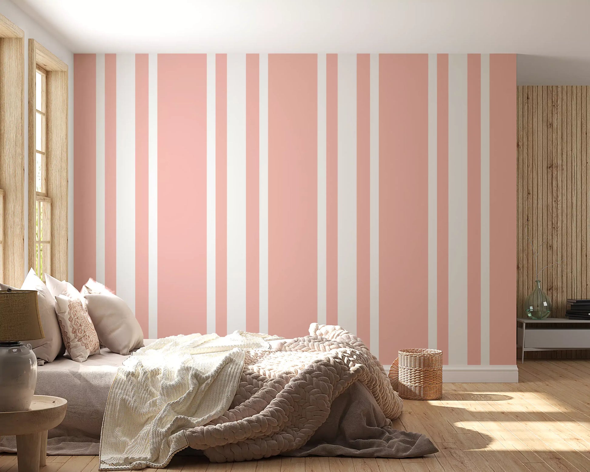 Seamless alignment of the blush pink farmhouse strips wallpaper., GD9958