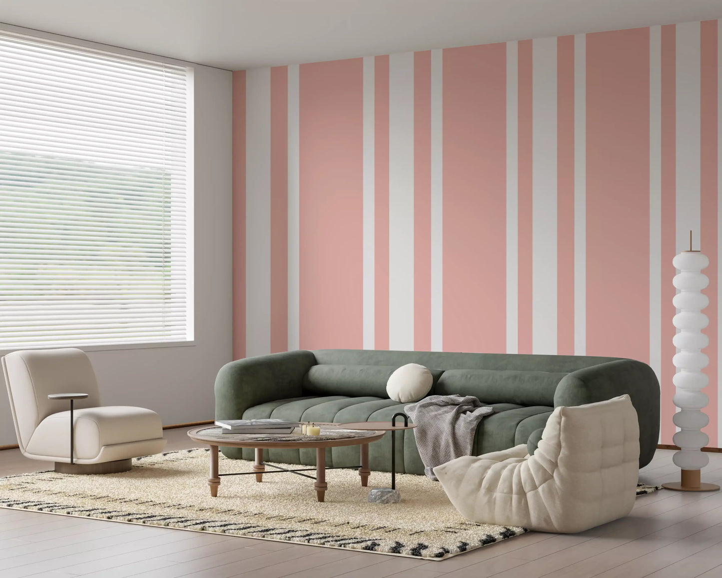 Blush pink ticking stripe wallpaper brings a cozy feel to bright living room., GD9958